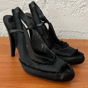 Pedro Garcia Peep Toe Slingback Sandals Black Frayed Satin Size 39.5